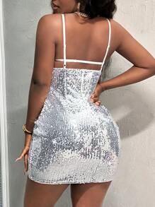 Slaydiva Women Dresses Backless Kontras Sequin Memotong All Over Print Seksi Pesta - Perak - View 2