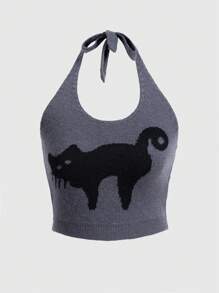 ROMWE Fairycore Cat Patterned Knitted Top With Detachable Strap - Multicolor - View 1