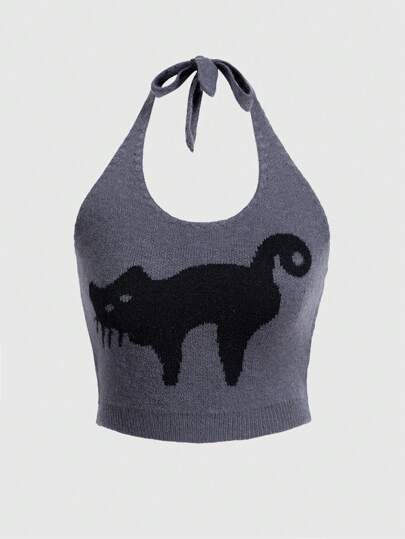 Fairycore Cat Patterned Knitted Top With Detachable Strap