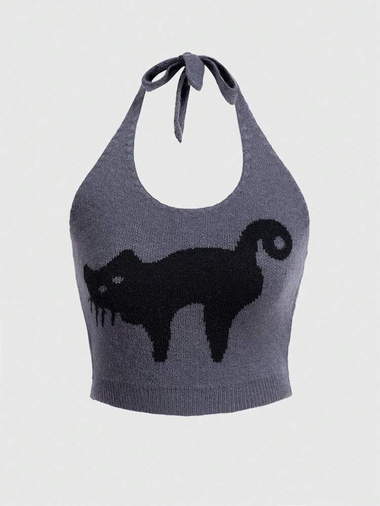 Cat Patterned Knitted Top With Detachable Strap