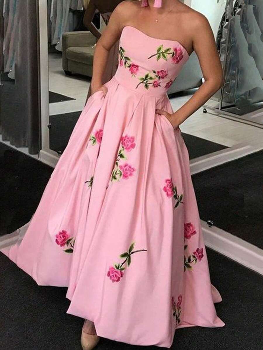 SHEIN Privé Plus Size Summer Elegant A-Line Rose Printed Sundress With Pockets, Suitable For Dating, Vacation, Afternoon Tea And Outdoor Activities, Pink