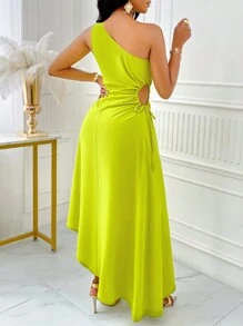 SOLERSUN One Shoulder Cut Out Drawstring Side Asymmetrical Hem Dress Dress Maxi Women Outfit