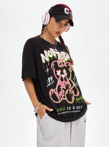 SHEIN Coolane Của phụ nữ Hình con gấu hoạt hình In thư Quá lớn Lầy lội Vòng cổ Áo thun - màu đen - Xem 4