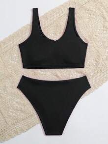 Bộ bikini không dây cổ chữ V màu trơn cho cô gái tuổi teen đi biển mùa hè - màu đen - Xem 2