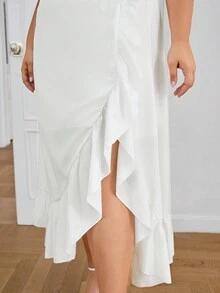 SHEIN Privé Váy dài chữ A mùa hè màu trắng thanh lịch lãng mạn tinh tế bất đối xứng viền xếp nếp cao thấp xẻ tà bên hông cỡ lớn, thích hợp cho hẹn hò, du lịch và mua sắm - trắng - Xem 8