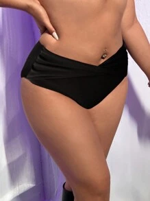 SHEIN Swim Curve 大尺碼純色泳裝底褲，適用於沙灘和游泳 - 黑色 - 查看 3