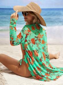 SHEIN Swim Women Summer Beach Allover Print Halter Bikini Set & Kimono, Random Print - Green - View 2