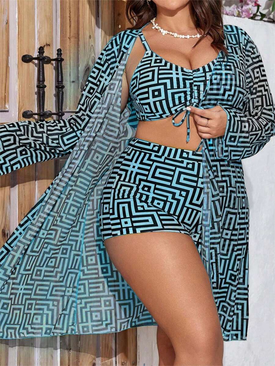 Swim Lushoire Summer Beach Plus Size Women Geometric Pattern Printed Bikini Set 3 Pieces Set - Multicolor - View 1