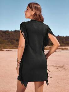 RELISH NOLESS Women Spring Summer Cowgirl Festival Outfit Country Concert Holiday Outwear Casual Sexy Boho Vacation Suede Fringe Dress - Black - View 2