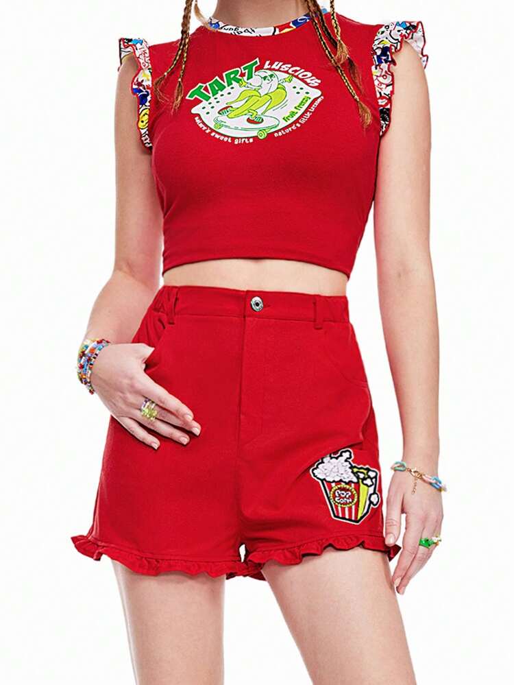 Tomato Girl Quirky Fun Dopamine Red Fungus-Trimmed Popcorn Pattern Women's Shorts