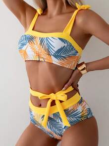 SHEIN Swim Phụ nữ nhiệt đới in họa tiết hoa cà vạt vai Bộ bikini đơn giản và thời trang cho kỳ nghỉ, in ngẫu nhiên - Nhiều màu - Xem 3