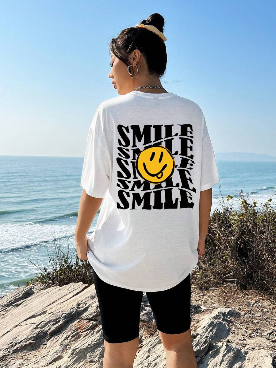 SHEIN EZwear 2 stuks/set Casual Simple AMILE Print Smiling Face Oversized T-shirt & Skinny Shorts voor dames, zomer