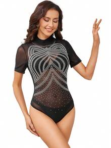 Black Cat Ears Shape Rhinestones Short Sleeve Bodysuit - Black - View 4