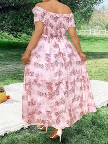 Sunnyshic Plus Size Off Shoulder Chiffon Floral Print Split Long Dress For Vacation