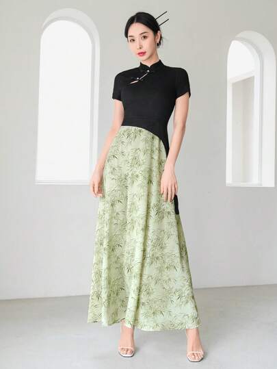 EastFlair Nuevo vestido de estilo chino con cuello de pie, parche de punto y bloque de colores con impresión de bambú