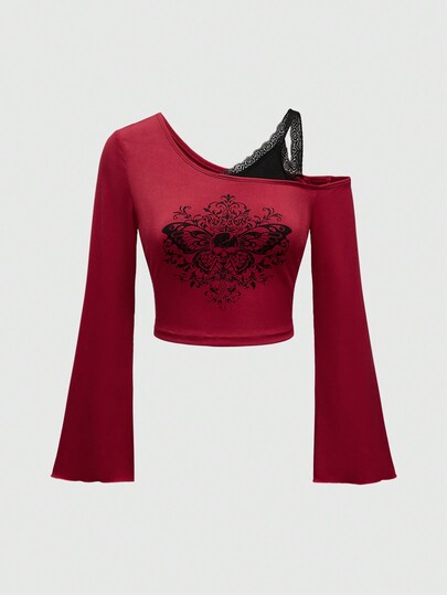 Goth Camiseta asimétrica de mujer con estampado de calavera, mariposa y enredadera de encaje para Halloween