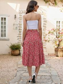 Women Elastic Waist Printed Layered Midi-Length Casual Vacation Beach Skirt - Red - View 2