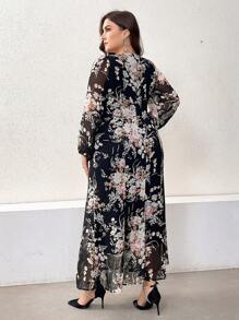 Modelyn Plus Size Floral Print Lantern Sleeve V-Neck Dress With Waist Knot