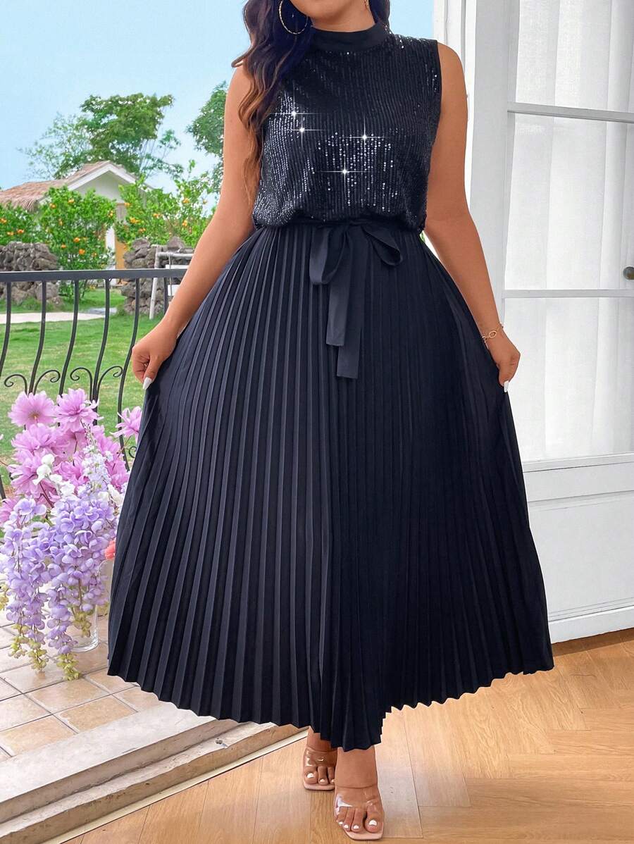 SHEIN Clasi Đầm Maxi Xếp Ly Trang Trí Kim Sa Màu Trơn Cho Nữ Cỡ Lớn - Màu xanh lam - Xem 1