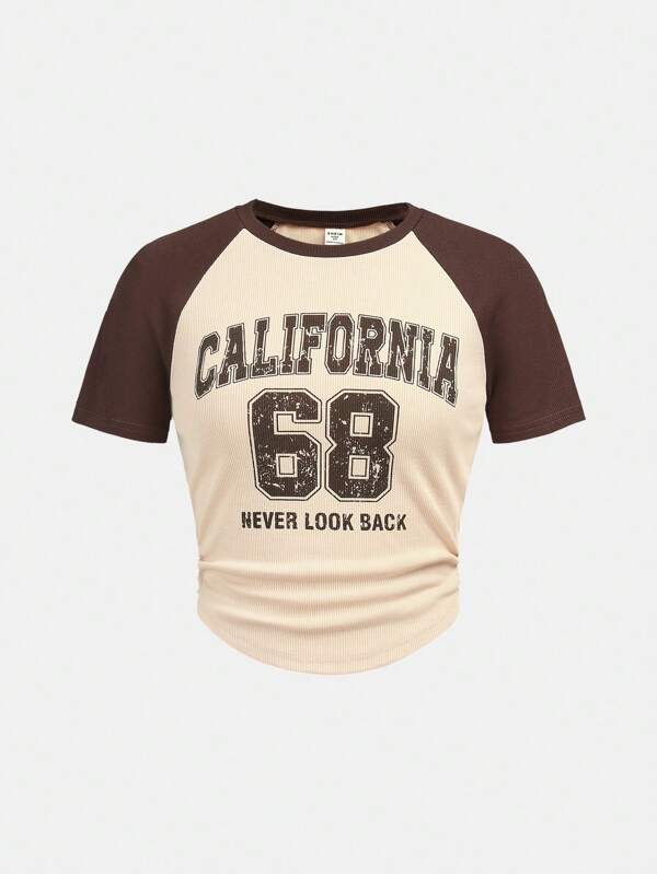 SHEIN Teen Girl Knitted Color Block Letter Print Casual Pleated T-Shirt