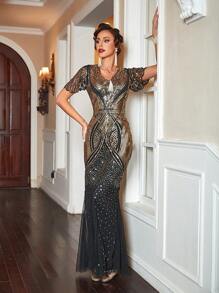 Lvnes 1920s Vintage Flapper Dresses Long Sequin Fringed Dress Party Dress Wedding Guest Dress Formal Dress Evening Dress - Black - View 4