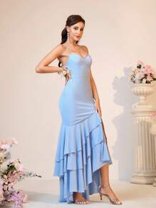 SHEIN Belle Vestido Romântico e Elegante de Cor Azul, Tecido Macio e Confortável Tricotado, Alça Fina Esvoaçante com Formato de Cauda de Peixe e Bainha Assimétrica, Três Camadas de Babados nas Bordas e Design com Amarração nas Costas, Adequado para Casamentos, Volta às Aulas, Festivais de Música, Verão e Damas de Honra - Azul - Visão 3