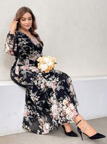 Modelyn Plus Size Floral Print Lantern Sleeve V-Neck Dress With Waist Knot
