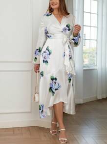 SHEIN Privé Robe patineuse grande taille élégante, délicate, romantique à imprimé floral torsadé et ceinturé en blanc pour le printemps et l\"été et la Saint-Valentin - Multicolore - Voir 3