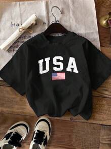 SHEIN EZwear 棉质美国国旗印花圆领短袖修身女式 T 恤，适合夏季 - 黑色 - 查看 1
