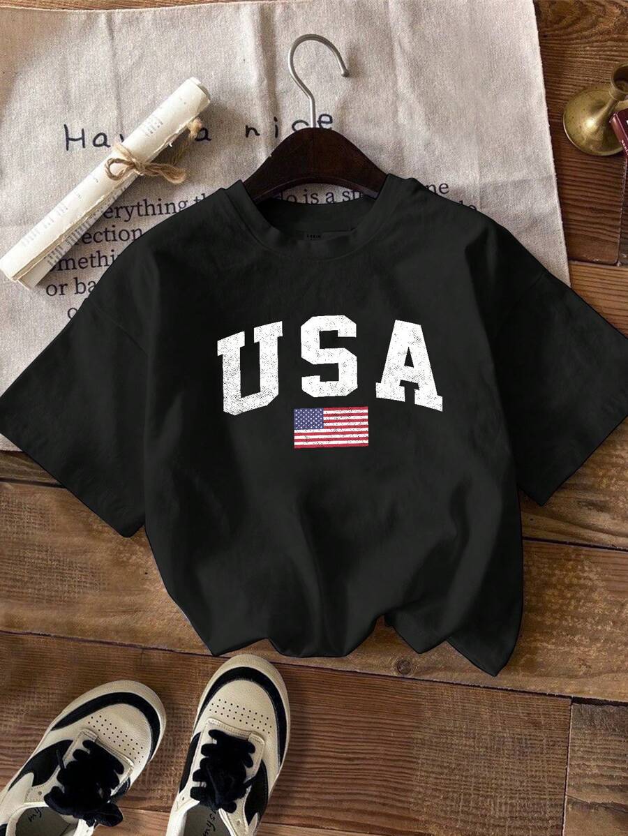 SHEIN EZwear 棉质美国国旗印花圆领短袖修身女式 T 恤,适合夏季 - 黑色 - 查看 1