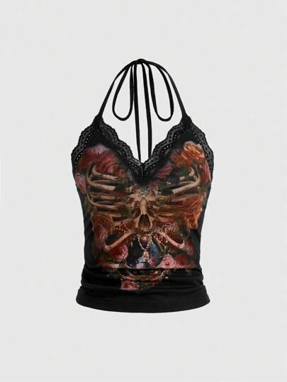 Fairycore Top De Cuello Halter Con Encaje Y Dobladillo De Flores Con Estampado De Calaveras Para Mujer