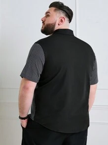 Manfinity Homme Men Plus Size Striped Patchwork Short Sleeve Shirt With Pocket Summer Button Up Color Block Vacation Casual Shirt