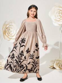 SHEIN Tween Girl Integrated College Square Neck Bubble Sleeve Floral Pattern Midi Dress