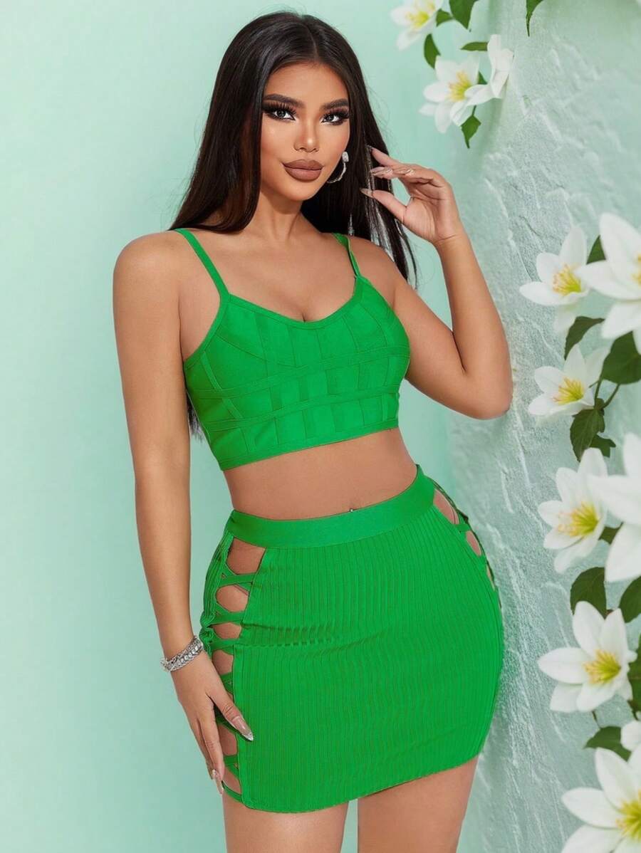 SHEIN SXY Fashionable Ladies' Green Summer Bandage Night Out Vacation Camisole,Sleeveless Sling,Winding Texture,Adjustable Bone Positioning Strips,Tight
