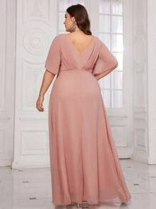 Plus Size Women's V-Neck Butterfly Sleeve Rhinestone Detail Chiffon Bridesmaid Dress Elegant Dress, Birthday Outfits, Graduation Dress, Formal Dress - Baby Pink - View 2
