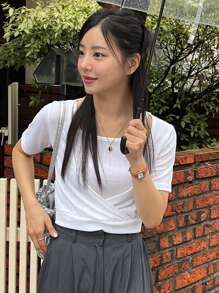 DAZY Ladies' Solid Ruched T-Shirt And Cami Top, Summer Casual Two-Piece Set
