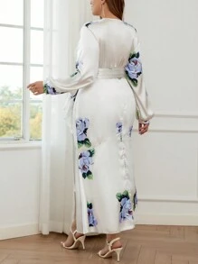 SHEIN Privé Robe patineuse grande taille élégante, délicate, romantique à imprimé floral torsadé et ceinturé en blanc pour le printemps et l\"été et la Saint-Valentin - Multicolore - Voir 2