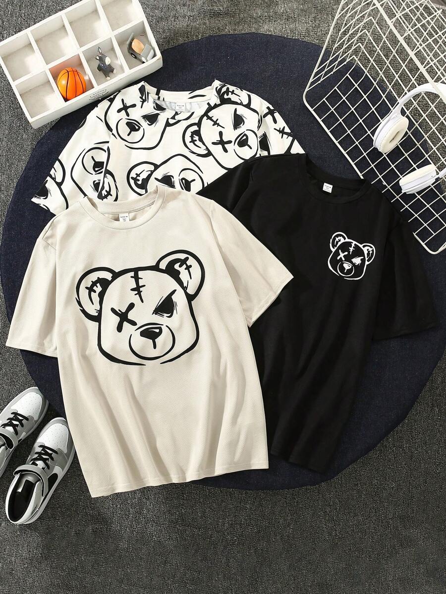 SHEIN 青少年男孩休閒熊印花短袖3入組上衣t恤,夏季款 - 彩色 - 查看 1