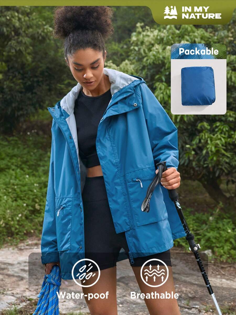 In My Nature Solid Drawstring Hooded Sports Jacket - Blue - View 1