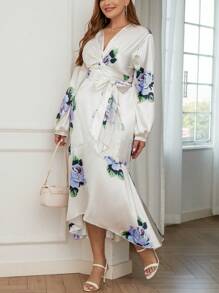 SHEIN Privé Robe patineuse grande taille élégante, délicate, romantique à imprimé floral torsadé et ceinturé en blanc pour le printemps et l\"été et la Saint-Valentin - Multicolore - Voir 1