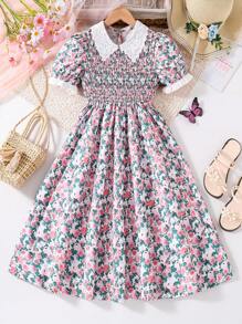 Tween Girl Ditsy Floral Print Puff Sleeve Peter Pan Collar Princess Style Dress