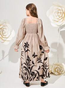 SHEIN Tween Girl Integrated College Square Neck Bubble Sleeve Floral Pattern Midi Dress