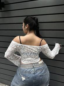 SHEIN MOOSTA Plus Size Off Vai Tay Dài Khoét Hở Áo Nữ - trắng - Xem 2