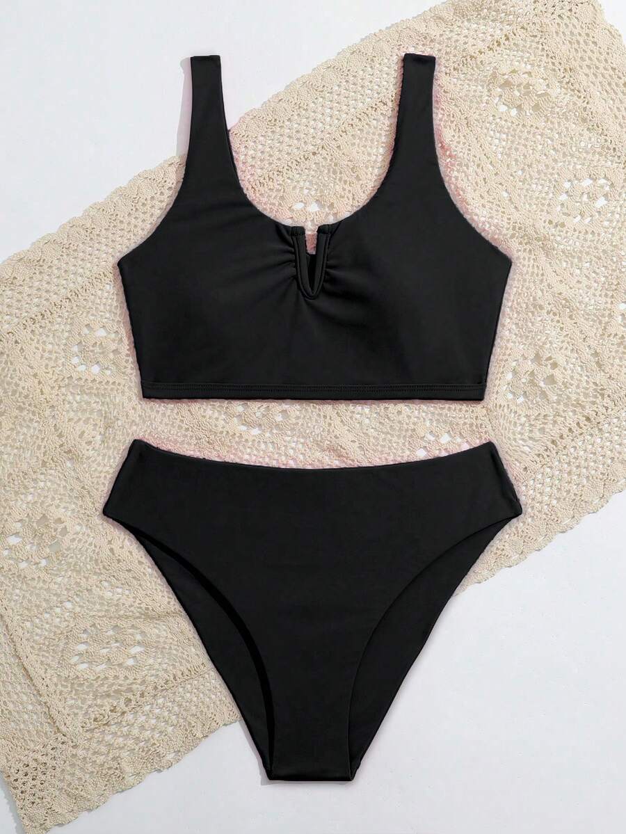 Bộ bikini không dây cổ chữ V màu trơn cho cô gái tuổi teen đi biển mùa hè - màu đen - Xem 1
