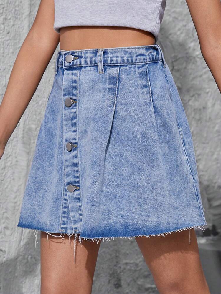 Teen Girl Mid-Wash Blue Pleated Denim Skirt With Raw-Cut Hem