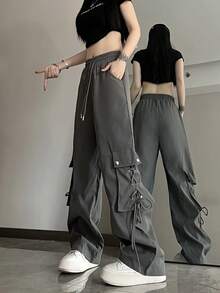Casual Solid Color Lace-Up Pocket Cargo Pants - Light Grey - View 7