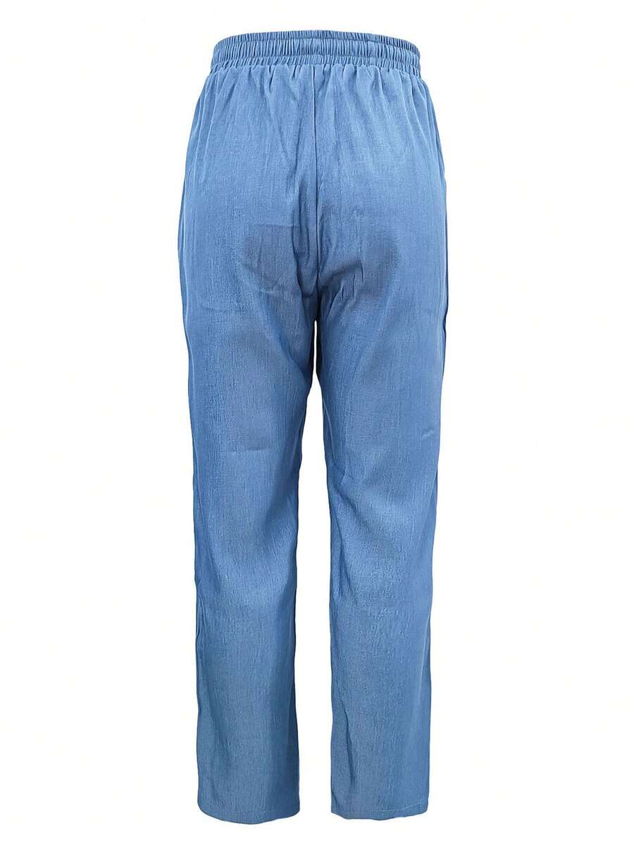Jessefania Blue Slim Fit Casual Pants With Elastic Waistband, Drawstring, Pockets, Textured Fabric, Multipurpose, Spring/Summer - Baby Blue - View 1