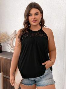 SHEIN Clasi 大尺碼純色蕾絲接口吊頸坦克背心 - 黑色 - 查看 4