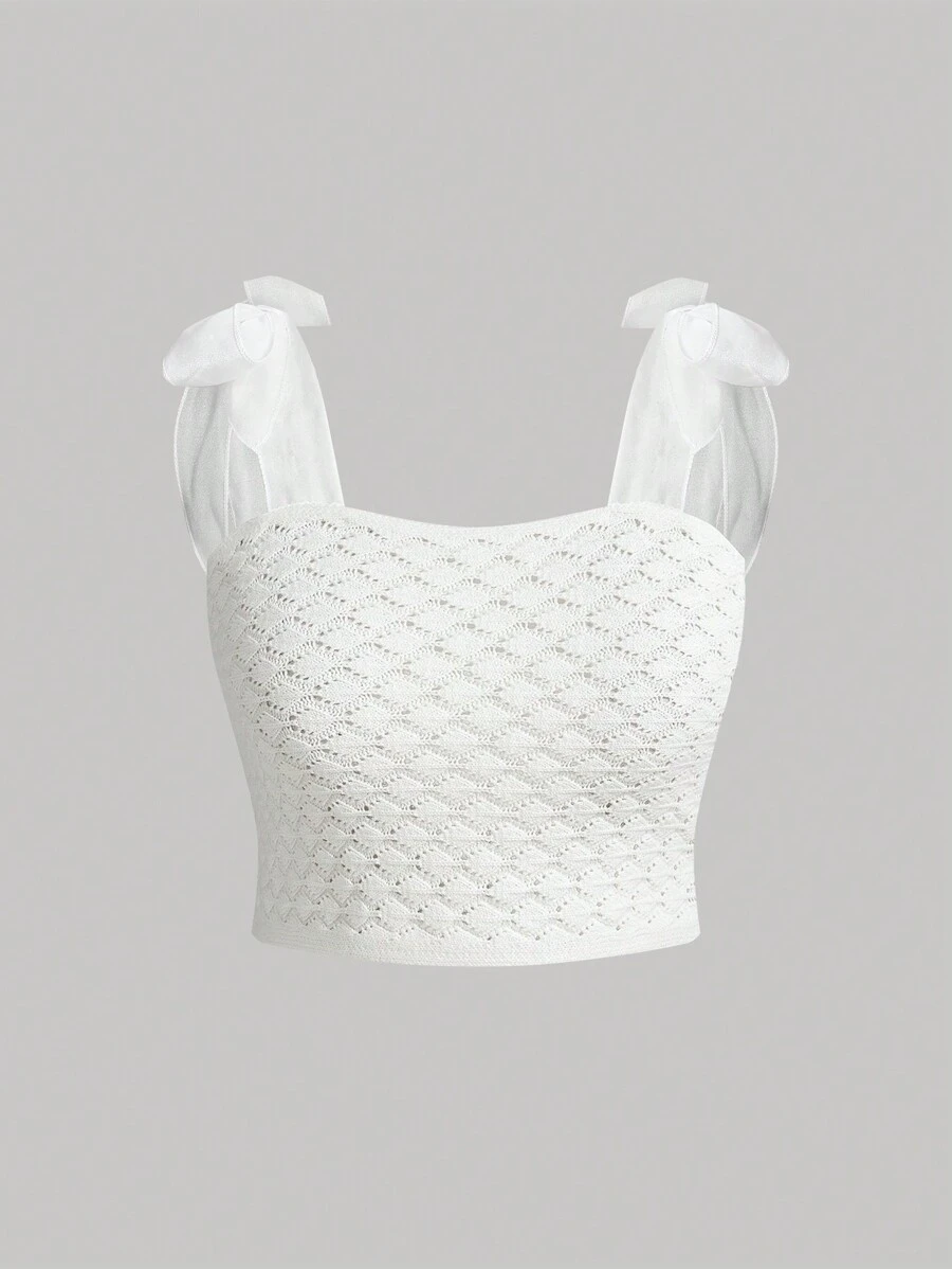 SHEIN MOD Plus White Mesh Strap Holiday Sweet Knitted Top - White - View 1