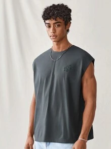 SWAVVY Men Summer Cartoon Printed Tank Top With Slogan And Round Neckline, Sleeveless Graphic Dark Grey Vacation Funny Tank Top For Boyfriend Gift